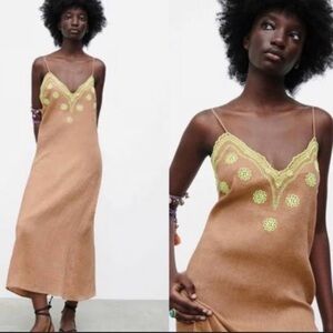 Zara Linen Embroidered Eyelet Midi Dress Size Small
